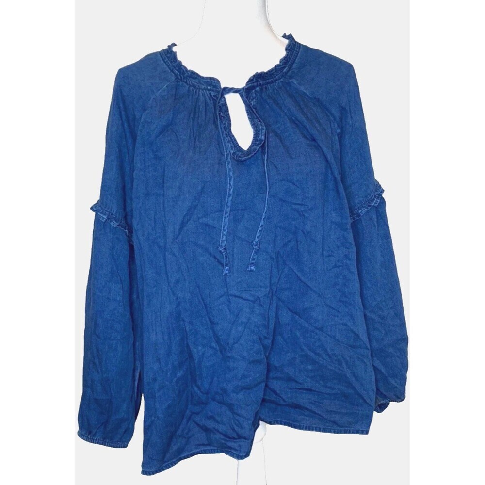 Old Navy Womens Top Size M Blue Ruffled Split Neck Tie Chambray Peasant 1366E2